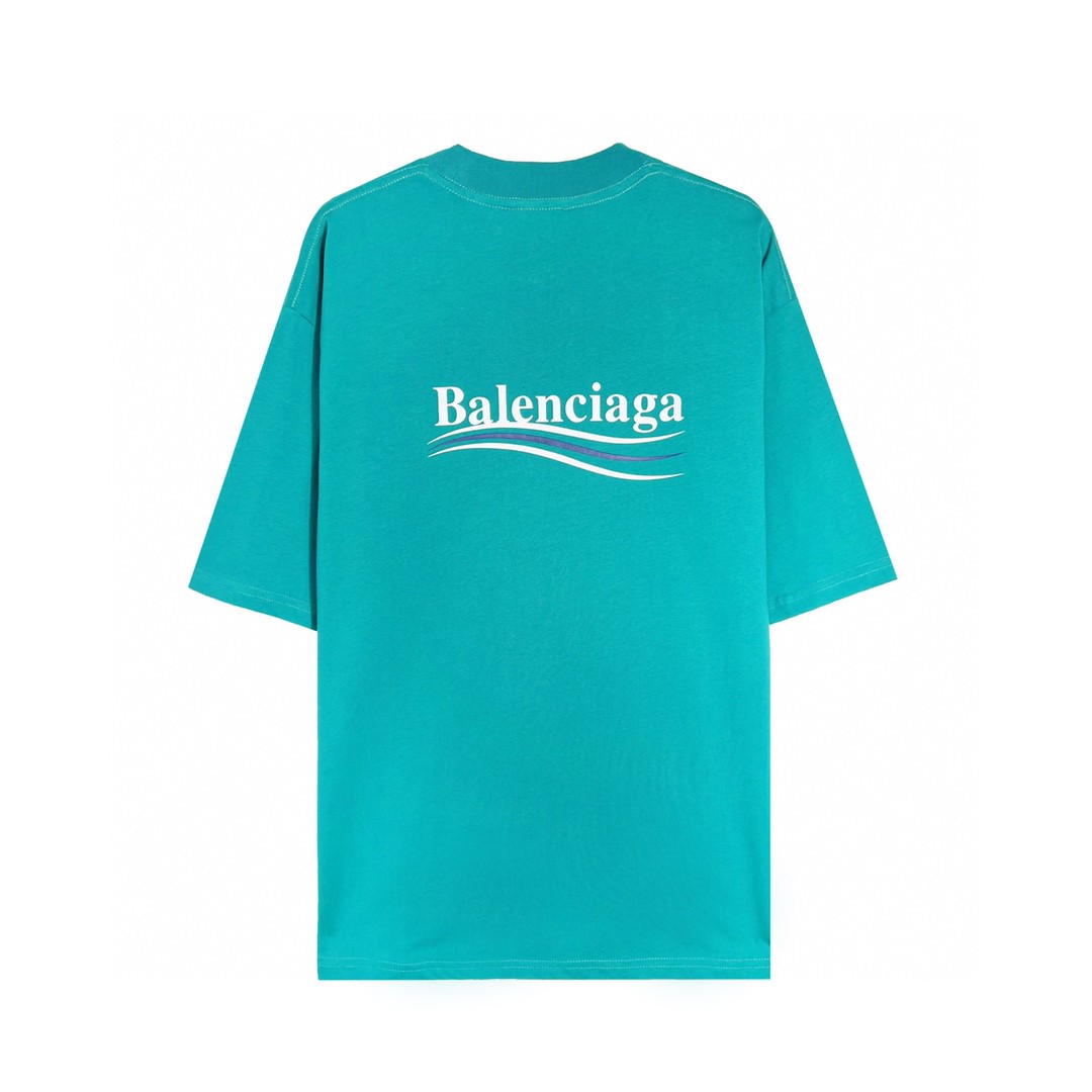 Balenciaga 巴黎世家 Political Campaign 可乐波浪印花 字母logo 短袖 湖水绿 T 恤 圆领 夏季 男女同款