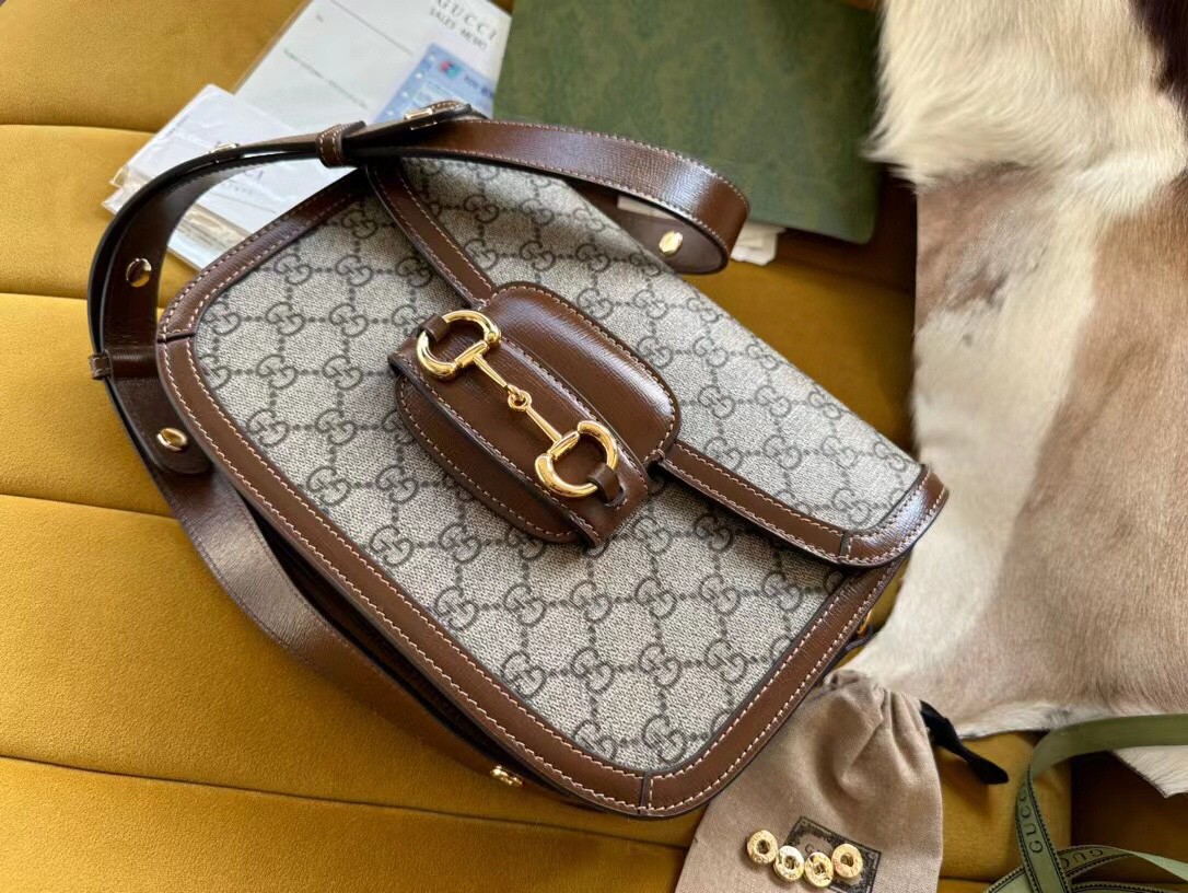 原厂皮 GUCCI 古驰 1955 Horsebit 马衔扣 复古金扣 老花Logo 帆布拼皮 棕色 斜挎包 单肩包 手提包 男女同款 602204-92TCG-8563