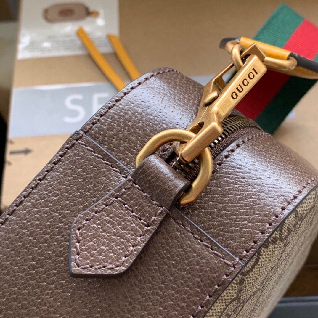 原厂皮 GUCCI 古驰 金属虎头相机包 老花 Logo 条纹织带 肩带 帆布拼皮革 邮差包 斜挎单肩包 男女同款 476466-K9GVT-8856