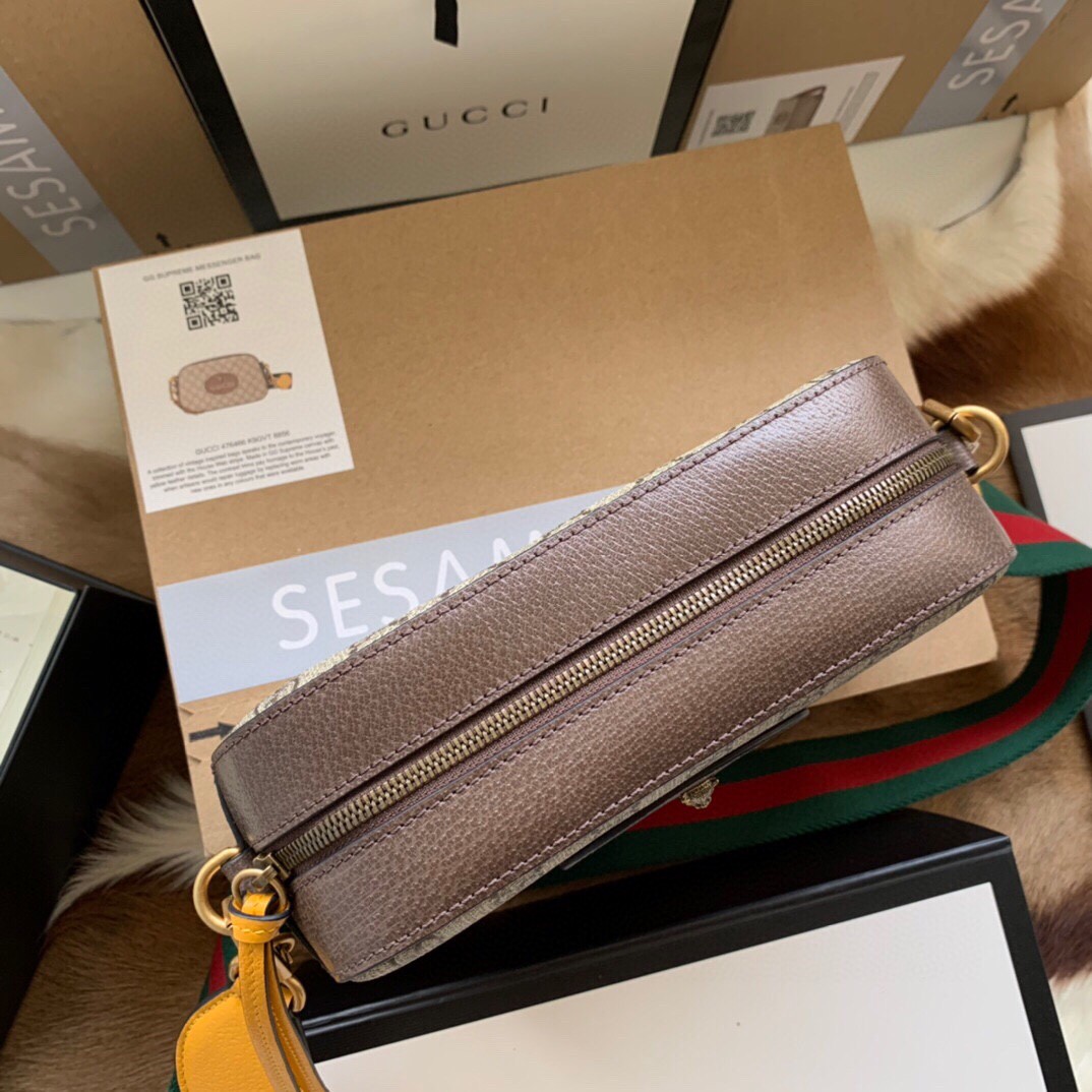 原厂皮 GUCCI 古驰 金属虎头相机包 老花 Logo 条纹织带 肩带 帆布拼皮革 邮差包 斜挎单肩包 男女同款 476466-K9GVT-8856