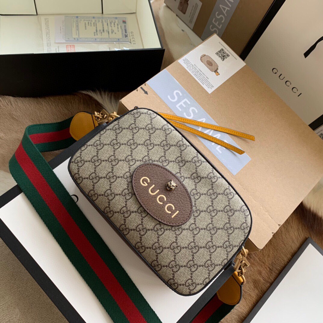 原厂皮 GUCCI 古驰 金属虎头相机包 老花 Logo 条纹织带 肩带 帆布拼皮革 邮差包 斜挎单肩包 男女同款 476466-K9GVT-8856
