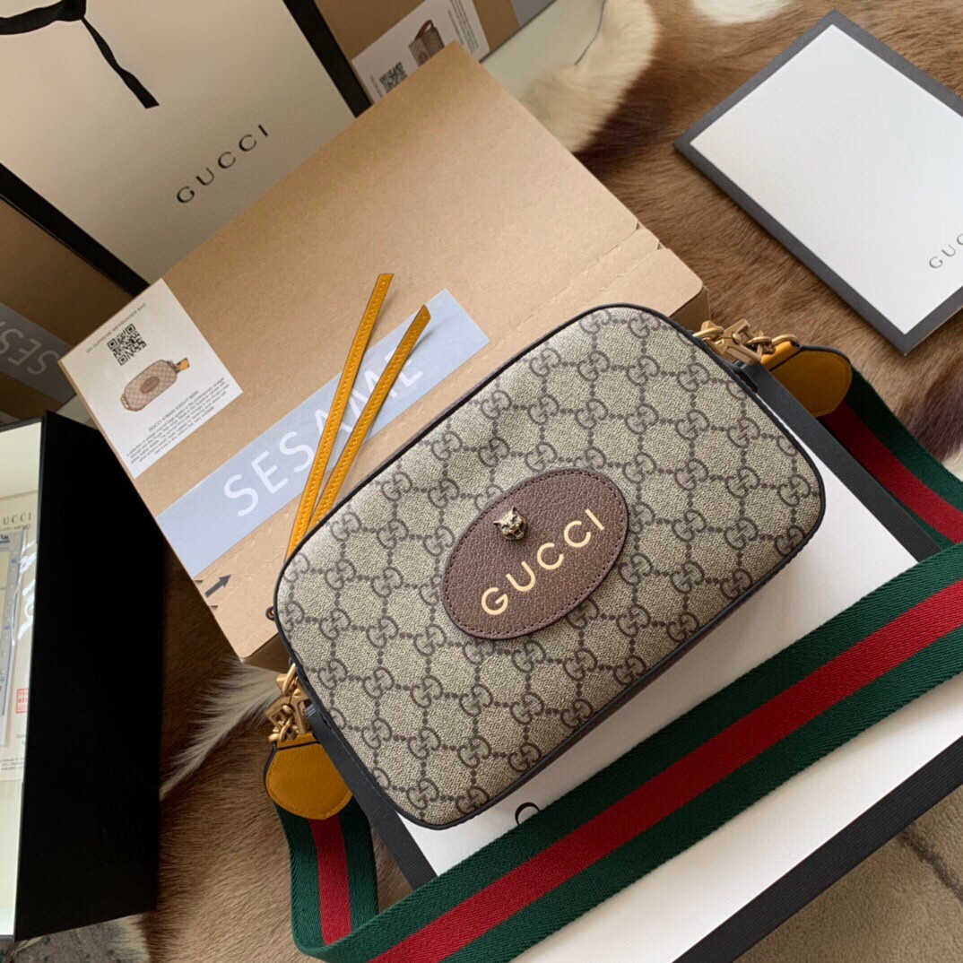 原厂皮 GUCCI 古驰 金属虎头相机包 老花 Logo 条纹织带 肩带 帆布拼皮革 邮差包 斜挎单肩包 男女同款 476466-K9GVT-8856