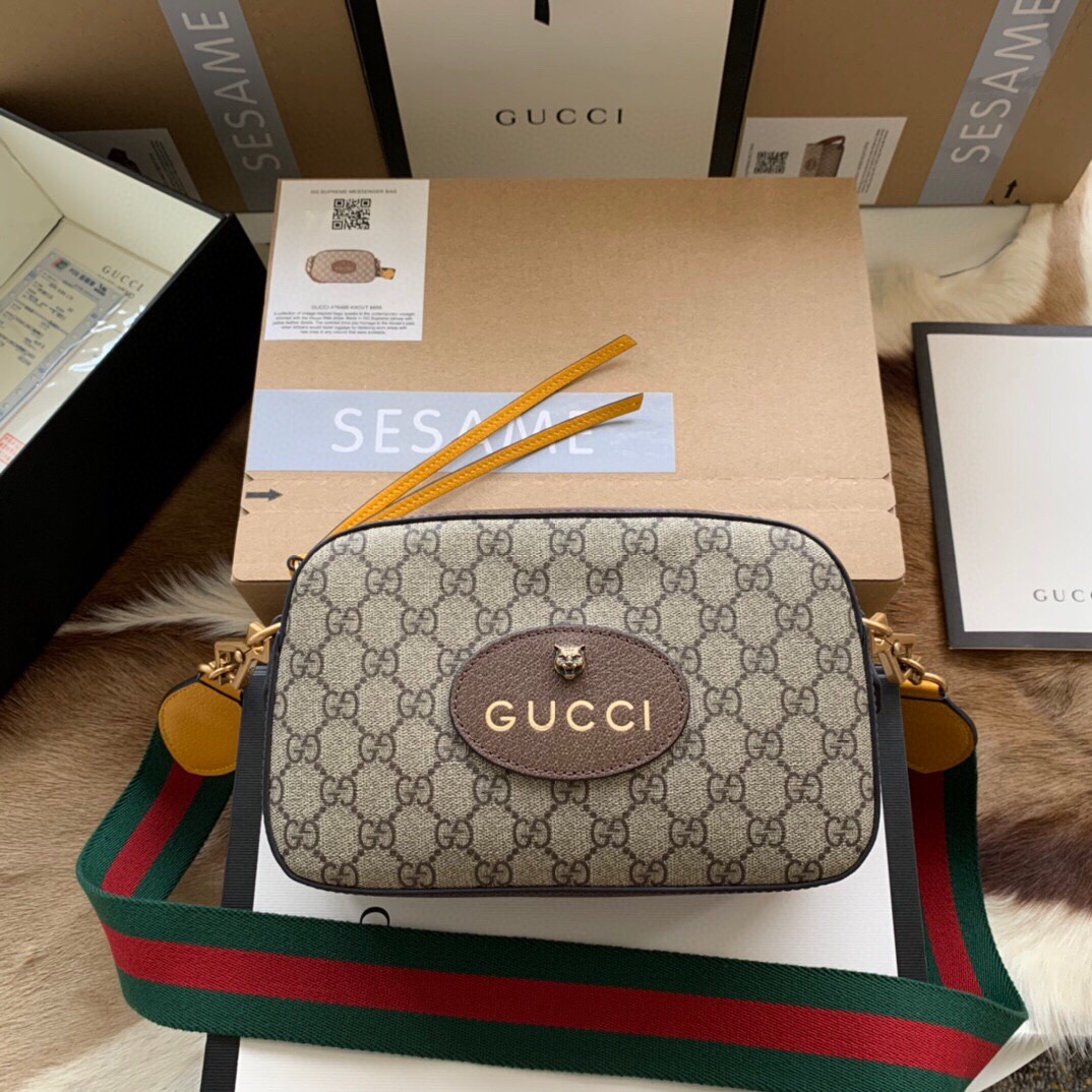 原厂皮 GUCCI 古驰 金属虎头相机包 老花 Logo 条纹织带 肩带 帆布拼皮革 邮差包 斜挎单肩包 男女同款 476466-K9GVT-8856