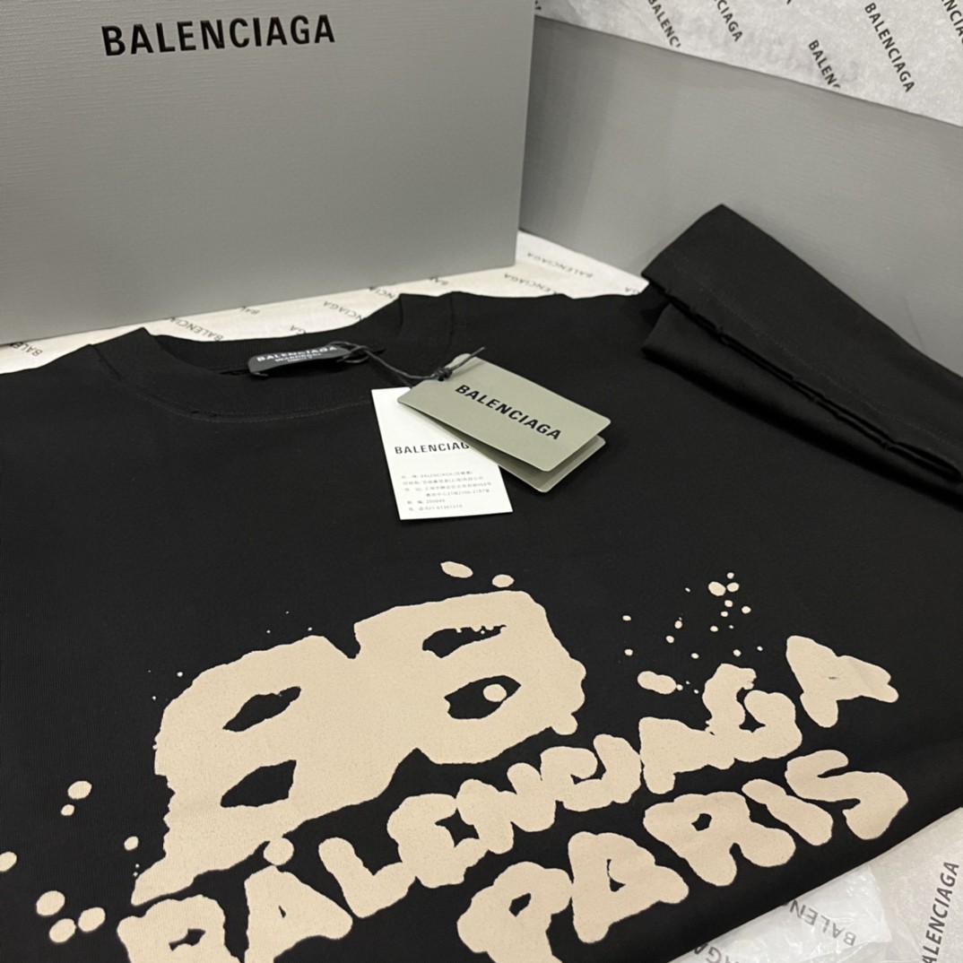 Balenciaga 巴黎世家 SS23 Hand Drawn Bb lcon 字母 Logo 印花 黑色 T 恤 圆领 夏季 男女同款 612965TNVN41059