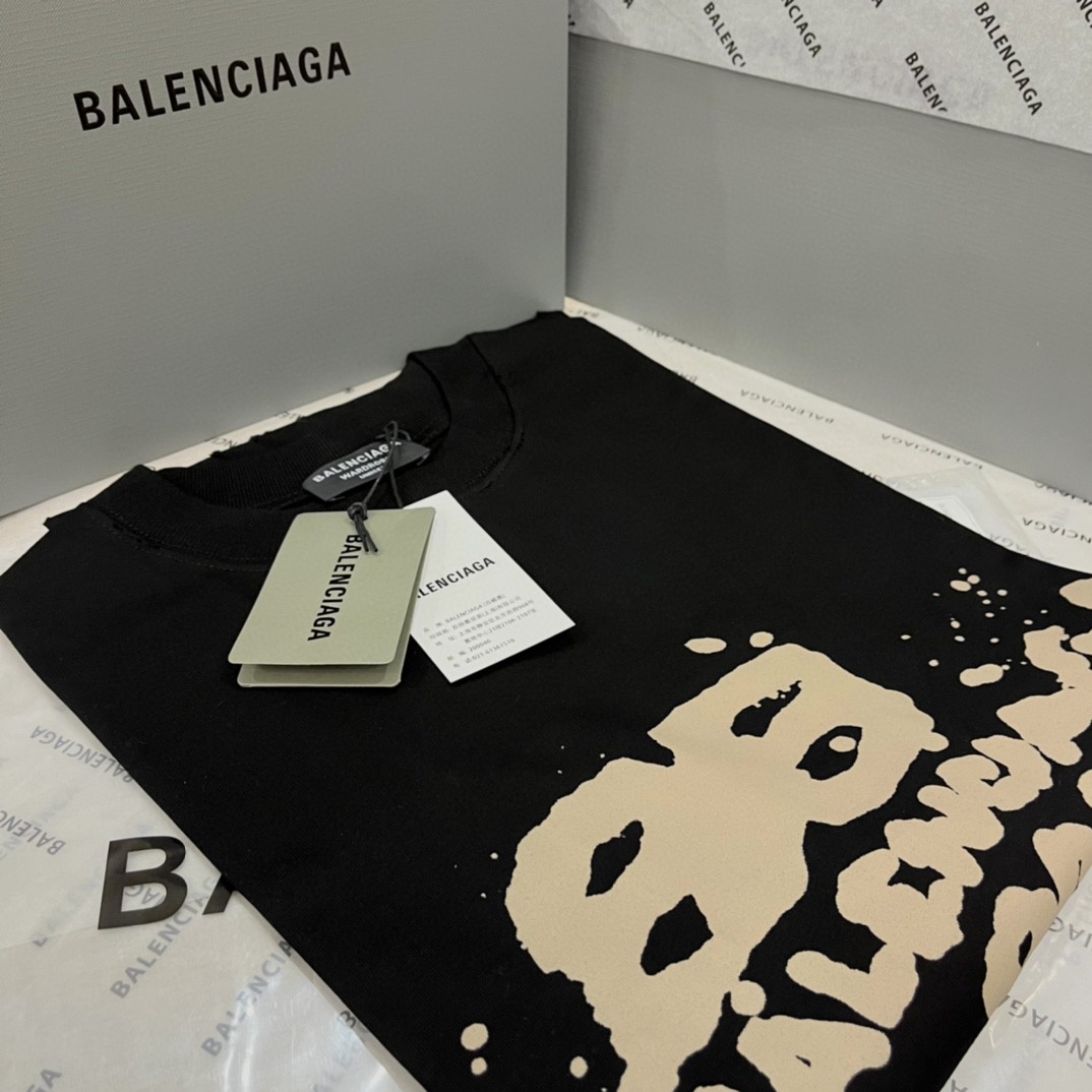 Balenciaga 巴黎世家 SS23 Hand Drawn Bb lcon 字母 Logo 印花 黑色 T 恤 圆领 夏季 男女同款 612965TNVN41059