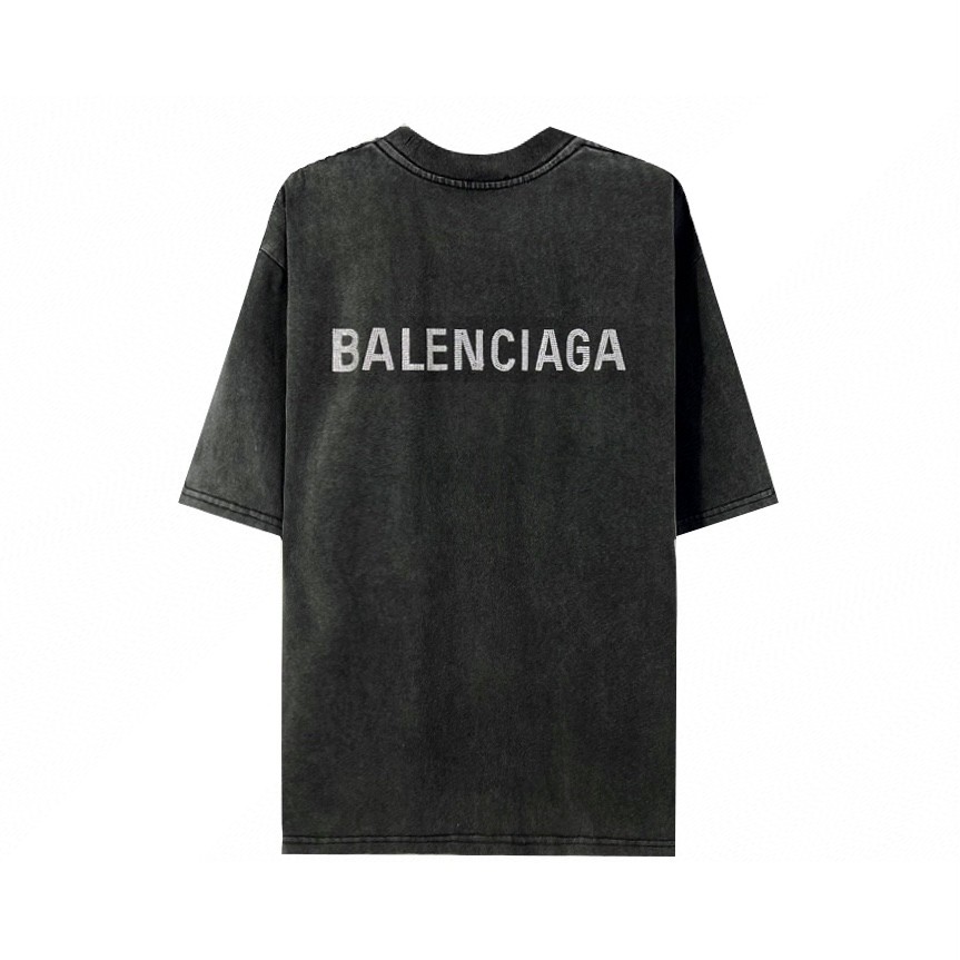 BALENCIAGA 施华洛世奇 水钻 后背字母LOGO 水洗雪花 做旧 黑色 T 恤 圆领 夏季 男女同款 