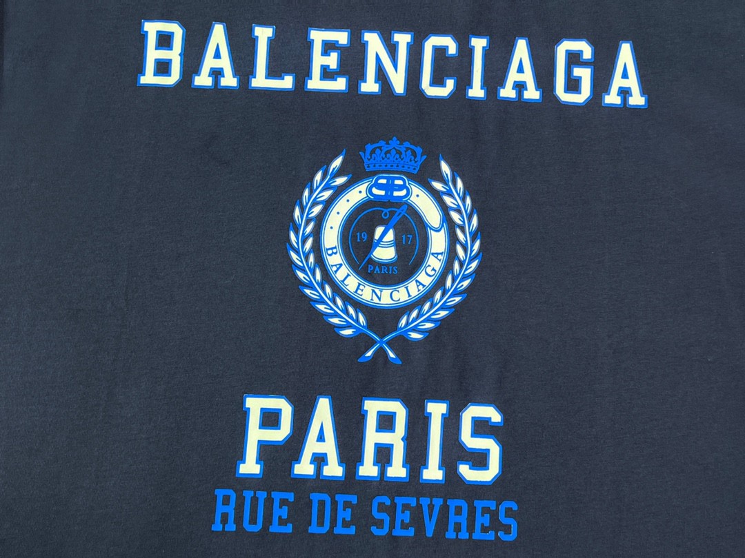 Balenciaga SS22 麦穗 Logo 胸前徽标图案印花 深蓝色 T 恤 圆领 夏季 男女同款 612966TMV954140