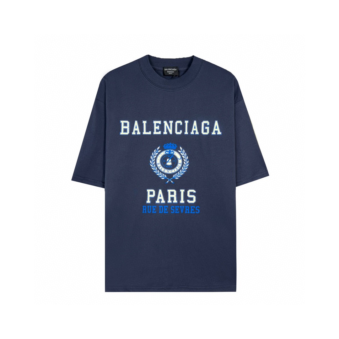 Balenciaga SS22 麦穗 Logo 胸前徽标图案印花 深蓝色 T 恤 圆领 夏季 男女同款 612966TMV954140