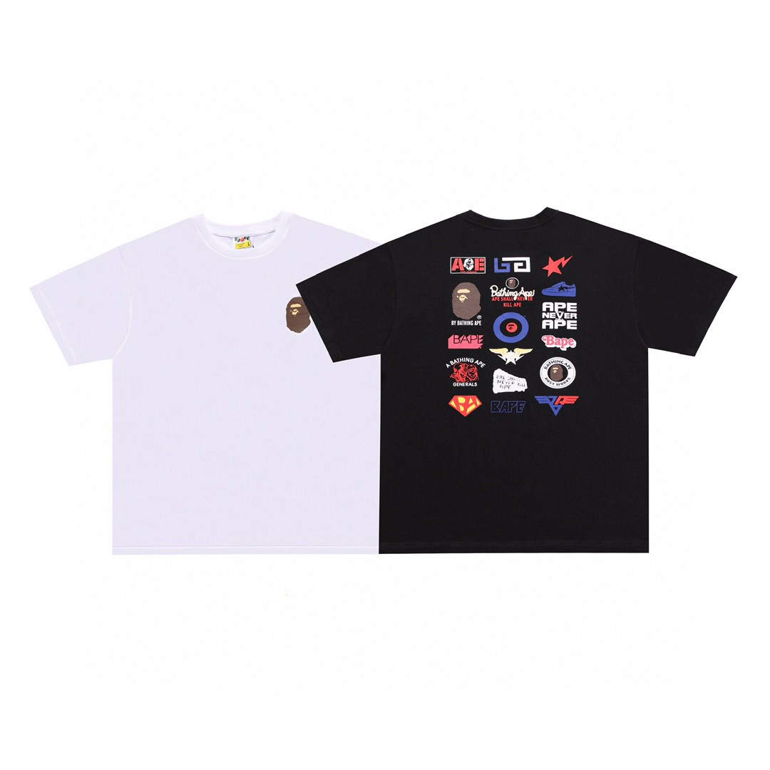 A BATHING APE BAPE 小猿人头 后背徽章 黑色 白色 圆领 T恤 短袖 夏款 男女同款 
