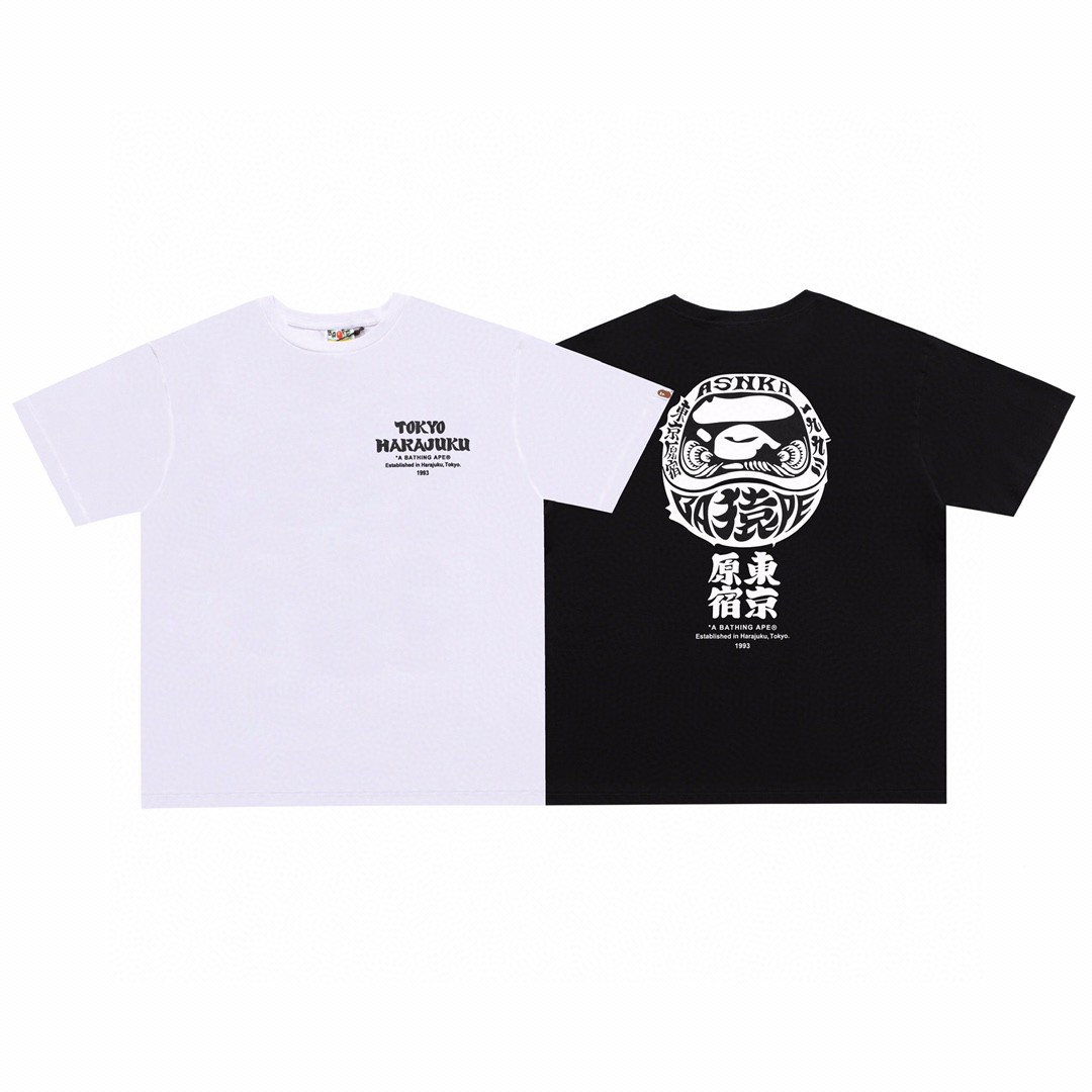 A BATHING APE BAPE 猿人头 字母印花 日系达摩图案 黑色 白色 圆领 T恤 短袖 夏款 男女同款 0ZXTEM110063G