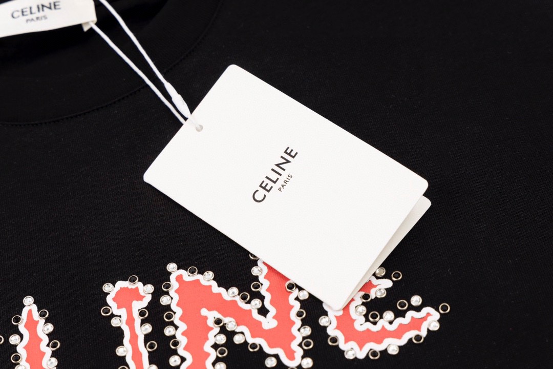 CELINE 赛琳 水钻字母Logo T恤 黑色 圆领 短袖 夏款 男女同款 2X49F671Q-38BR
