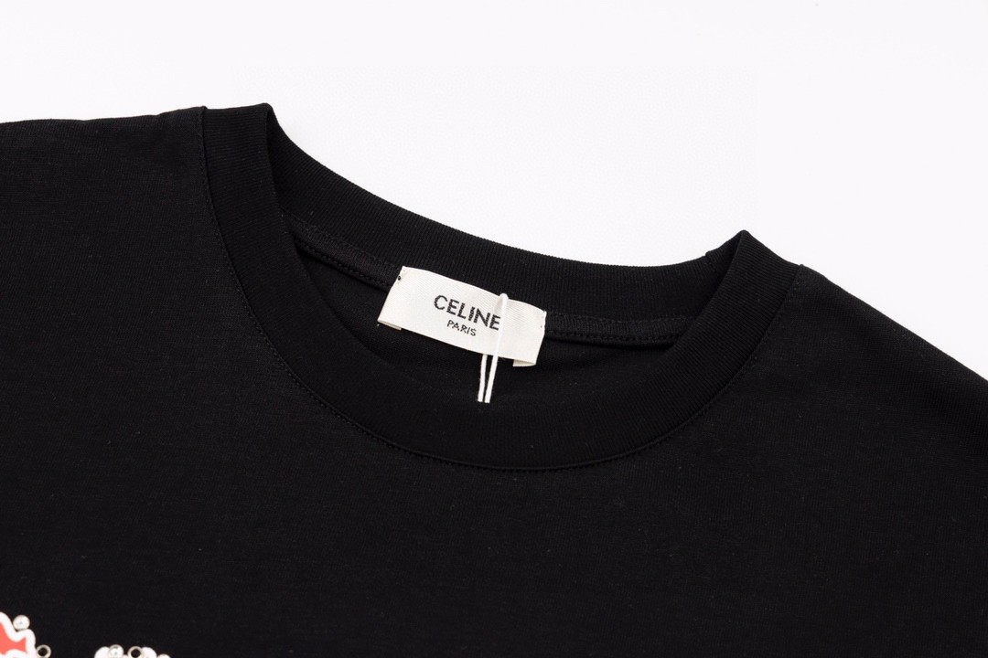 CELINE 赛琳 水钻字母Logo T恤 黑色 圆领 短袖 夏款 男女同款 2X49F671Q-38BR