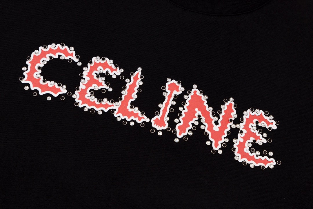 CELINE 赛琳 水钻字母Logo T恤 黑色 圆领 短袖 夏款 男女同款 2X49F671Q-38BR