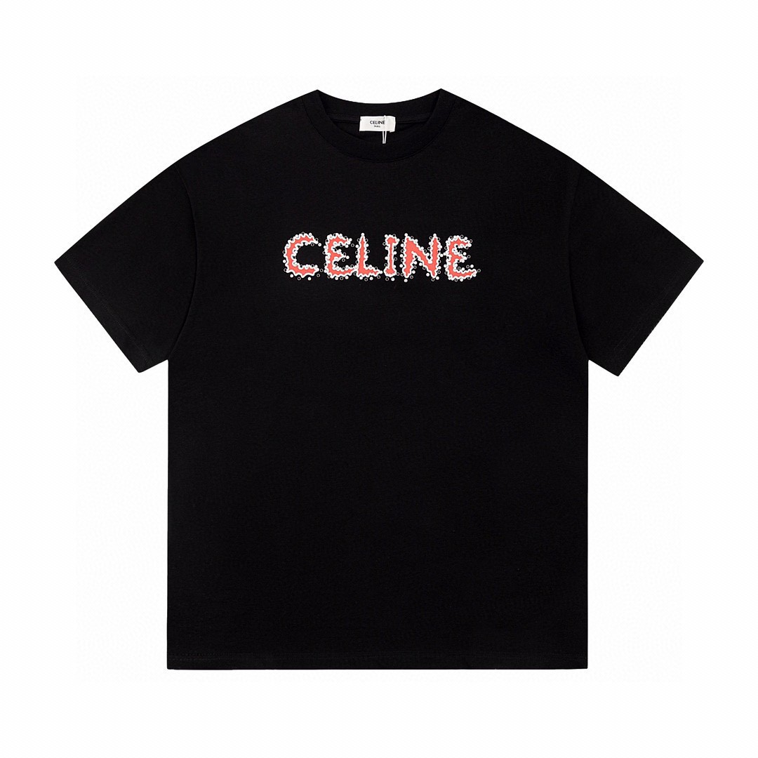 CELINE 赛琳 水钻字母Logo T恤 黑色 圆领 短袖 夏款 男女同款 2X49F671Q-38BR