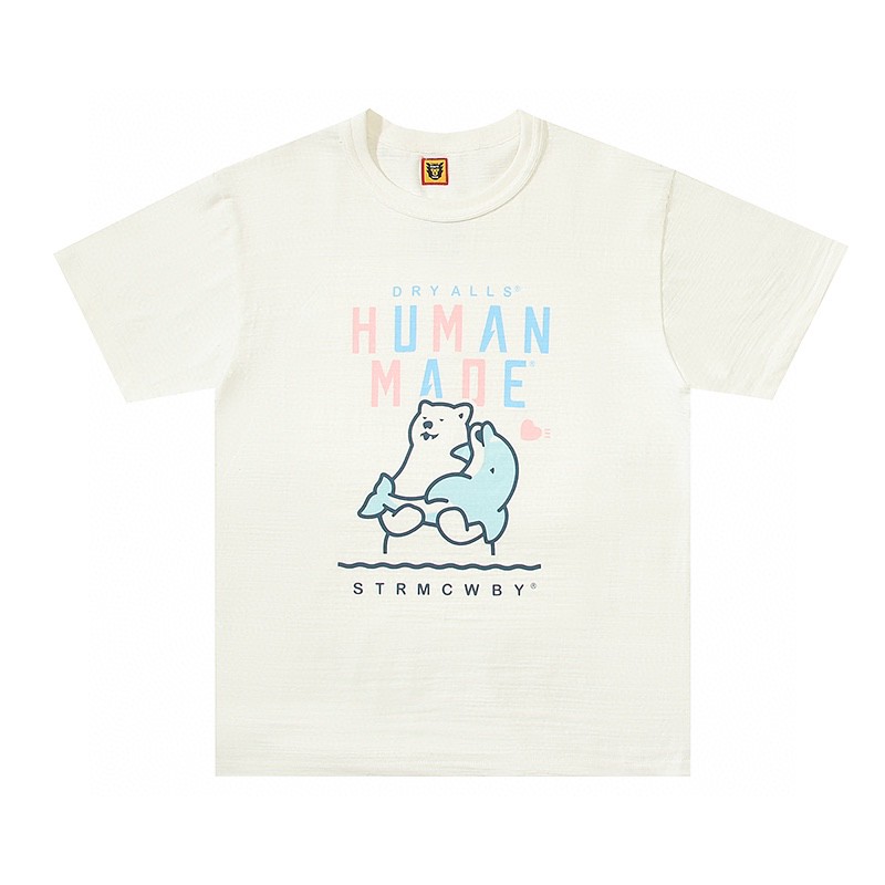 HUMAN MADE SS22 熊抱海豚卡通印花 白色 圆领 短袖 T恤 男女同款 