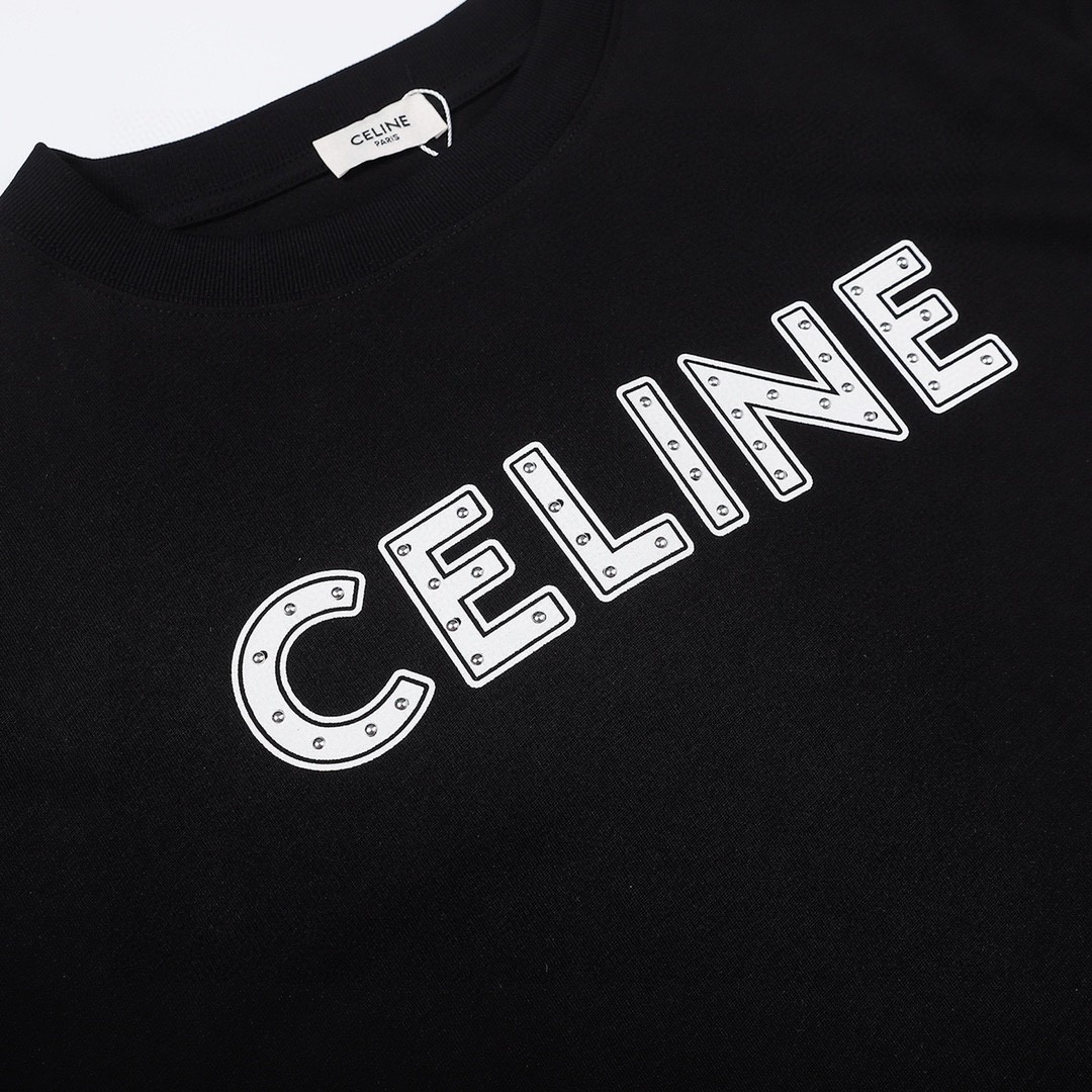 CELINE 赛琳 铆钉字母Logo T恤 黑色 圆领 短袖 夏款 男女同款 501F2X687-38AW