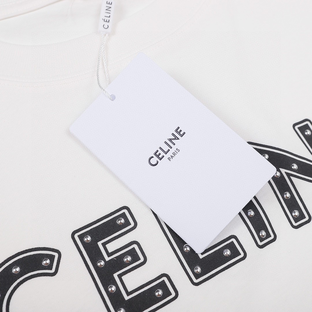 CELINE 赛琳 铆钉字母Logo T恤 白色 圆领 短袖 夏款 男女同款 2X687501F-01OB