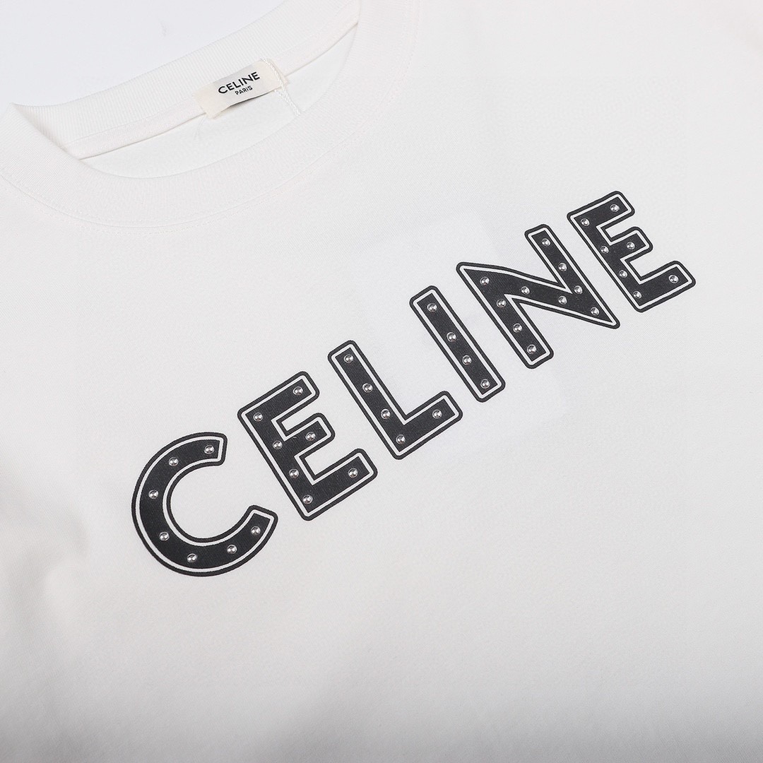 CELINE 赛琳 铆钉字母Logo T恤 白色 圆领 短袖 夏款 男女同款 2X687501F-01OB