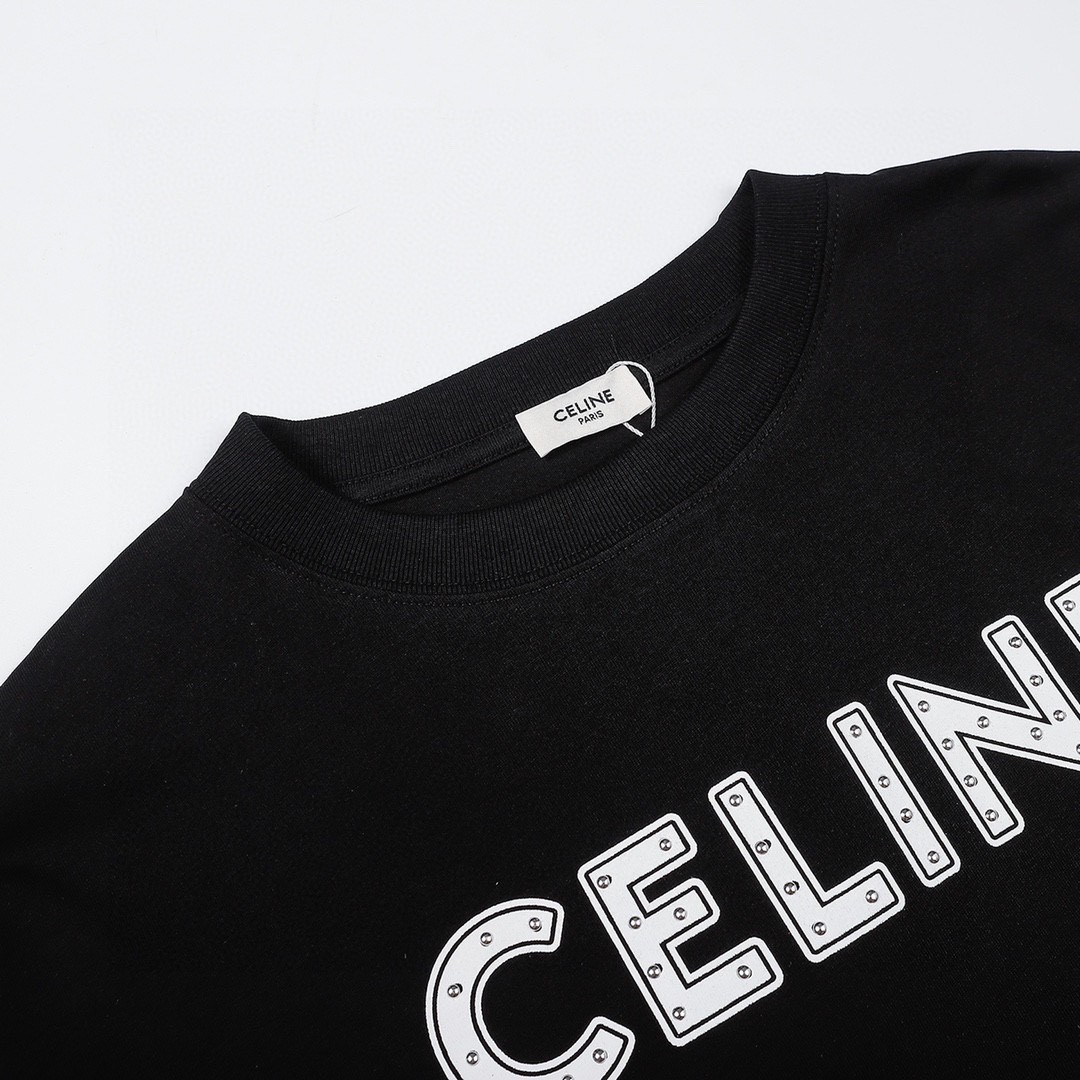 CELINE 赛琳 铆钉字母Logo T恤 黑色 圆领 短袖 夏款 男女同款 501F2X687-38AW