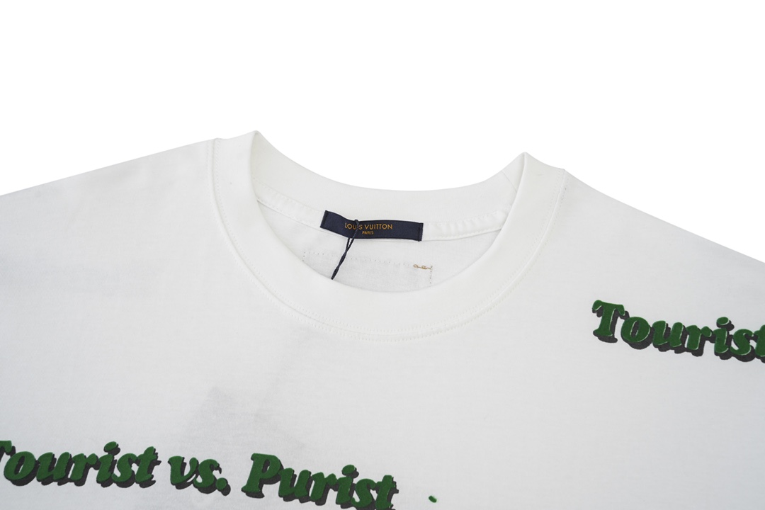 LOUIS VUITTON 路易威登 绿色植绒字母印花 圆领 白色 短袖 T 恤 上衣 夏款 男女同款 