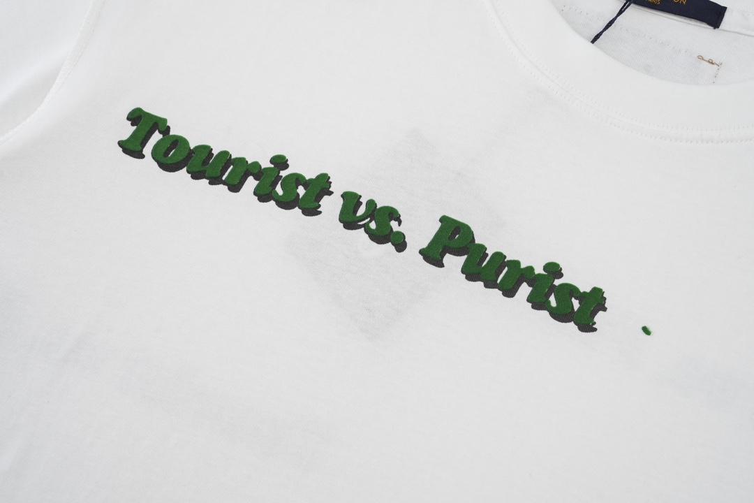 LOUIS VUITTON 路易威登 绿色植绒字母印花 圆领 白色 短袖 T 恤 上衣 夏款 男女同款 