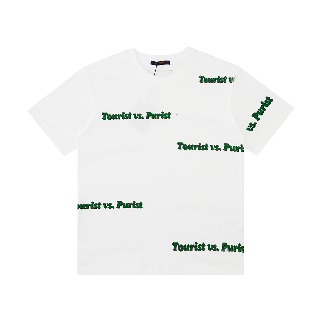 LOUIS VUITTON 路易威登 绿色植绒字母印花 圆领 白色 短袖 T 恤 上衣 夏款 男女同款 