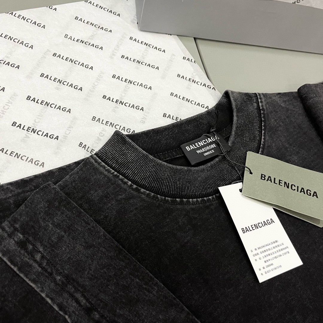 Balenciaga 巴黎世家 火焰B字母 水洗做旧 复古黑色 短袖 T 恤 圆领 夏季 男女同款 