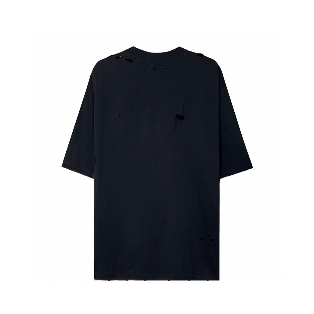 Balenciaga 巴黎世家 胸口Demna签名标签 破洞刀割水洗 短袖 黑色 T 恤 圆领 夏季 男女同款 