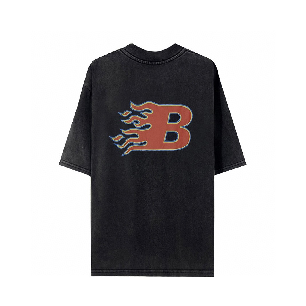Balenciaga 巴黎世家 火焰B字母 水洗做旧 复古黑色 短袖 T 恤 圆领 夏季 男女同款 