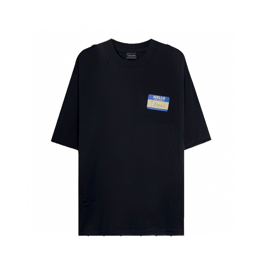 Balenciaga 巴黎世家 胸口Demna签名标签 破洞刀割水洗 短袖 黑色 T 恤 圆领 夏季 男女同款 