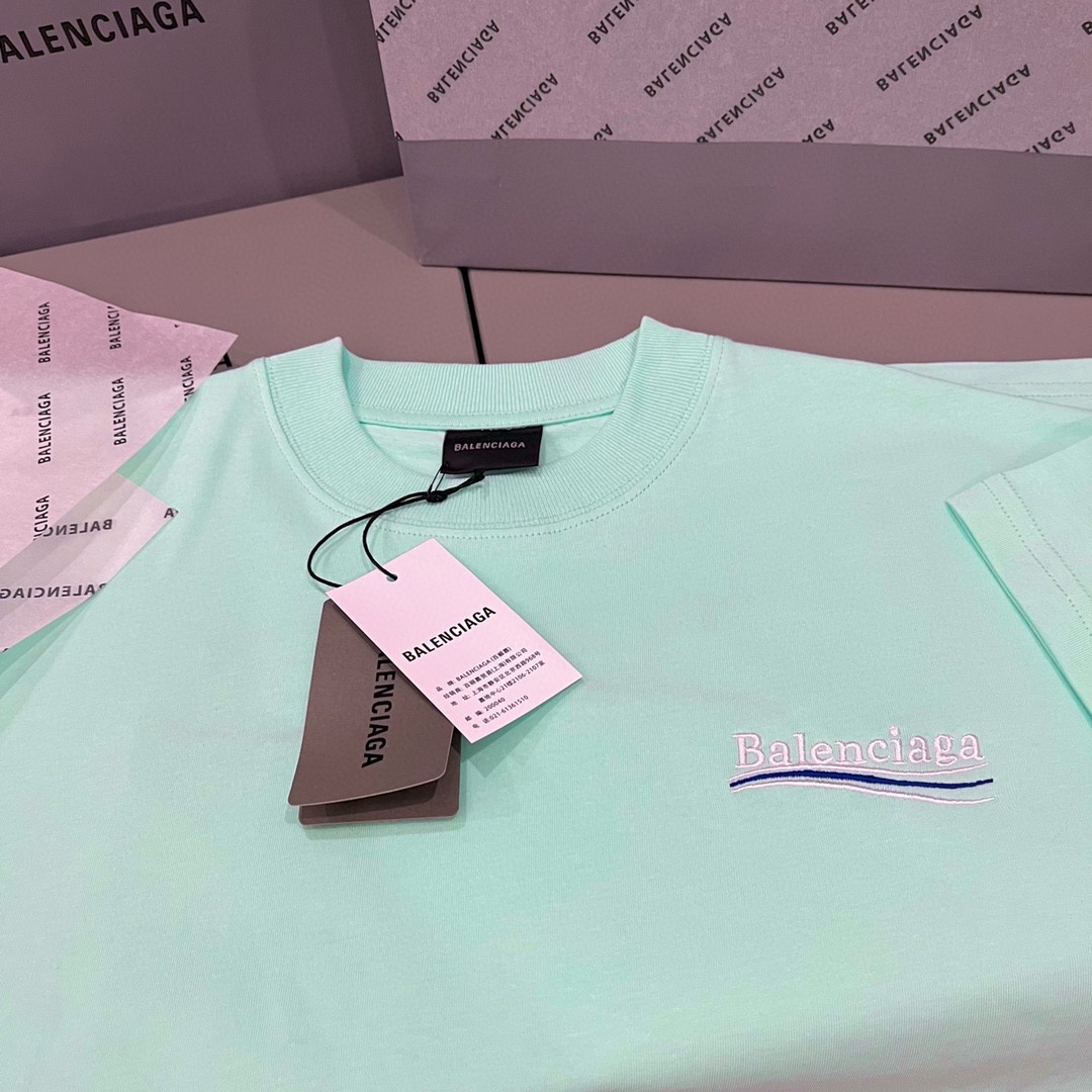 Balenciaga 巴黎世家 可乐徽标 Logo 刺绣 薄荷绿 短袖 T 恤 圆领 夏季 男女同款 