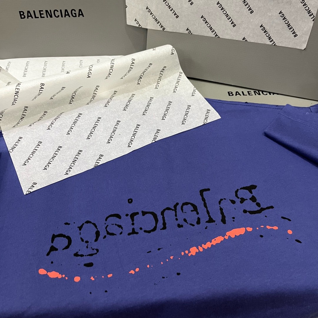 Balenciaga 巴黎世家 海浪前后可乐涂鸦手绘印花 蓝紫色 短袖 T 恤 圆领 夏季 男女同款 