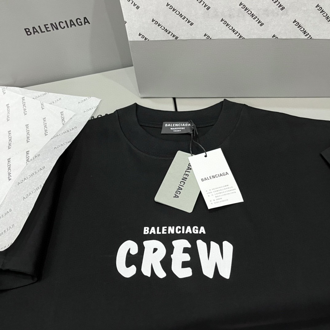 Balenciaga 巴黎世家 CREW字母logo印花 黑色 短袖 T 恤 圆领 夏季 男女同款 