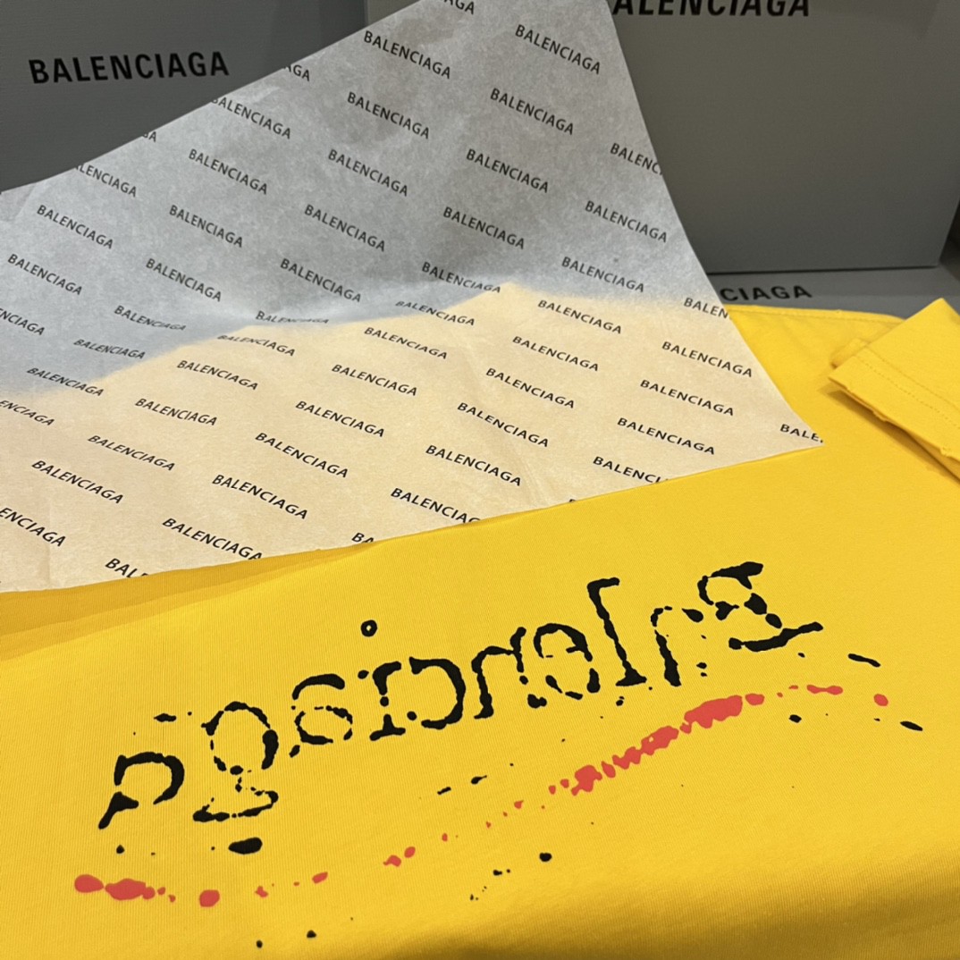 Balenciaga 巴黎世家 海浪前后可乐涂鸦手绘印花 黄色 短袖 T 恤 圆领 夏季 男女同款 