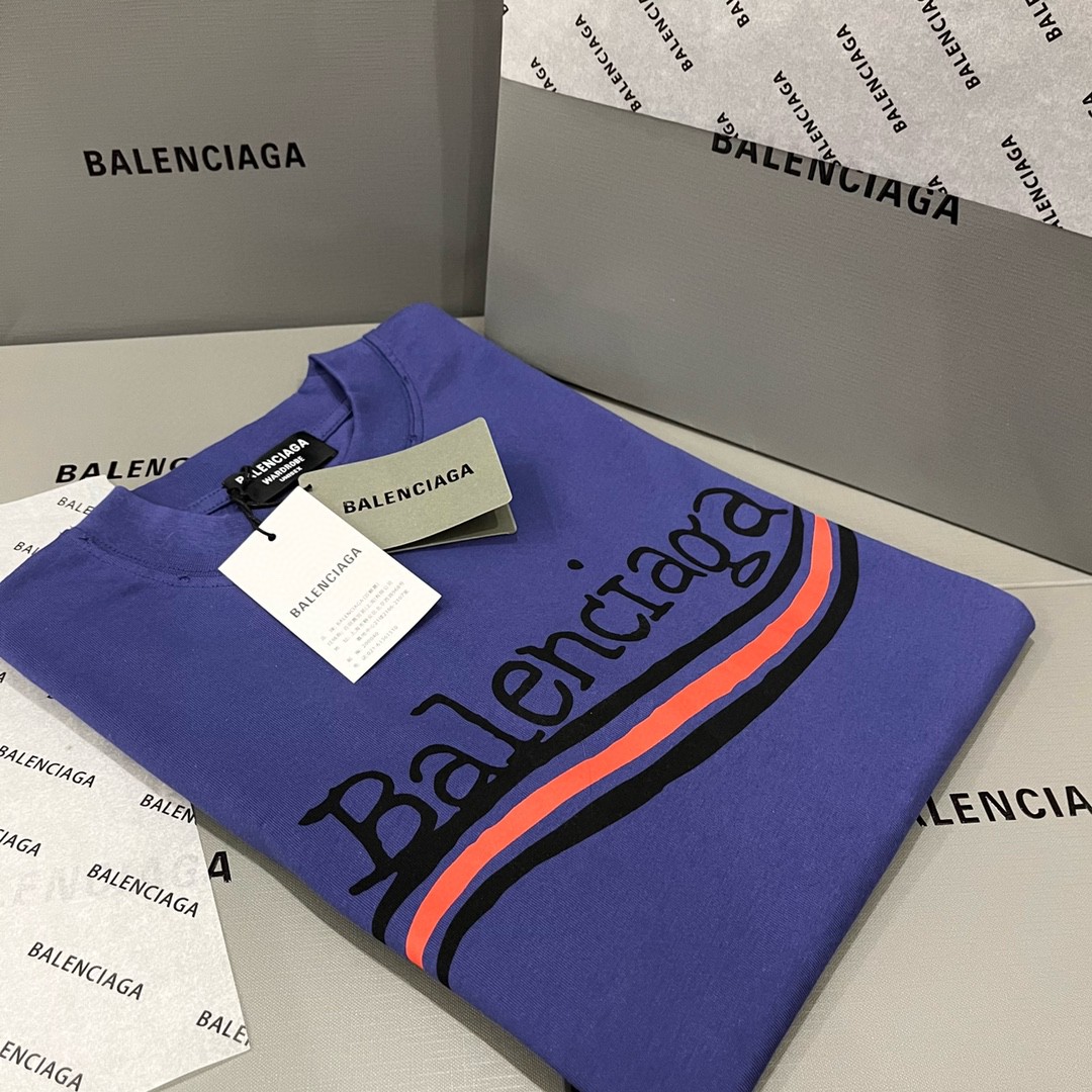 Balenciaga 巴黎世家 海浪前后可乐涂鸦手绘印花 蓝紫色 短袖 T 恤 圆领 夏季 男女同款 