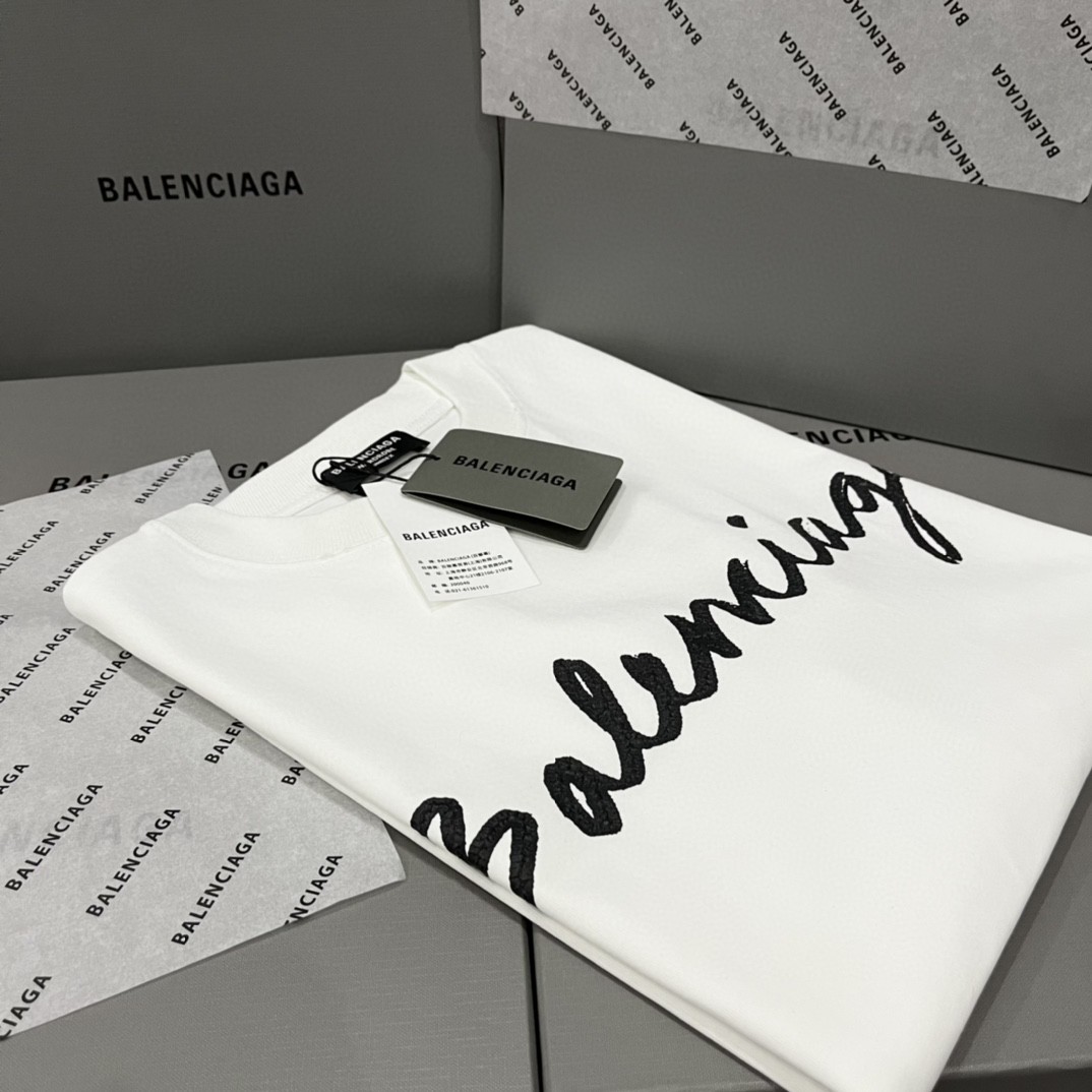 Balenciaga FW22 巴黎世家 手写体纯色字母 logo 印花 白色 短袖 T 恤 圆领 夏季 男女同款 612966TMVB49040