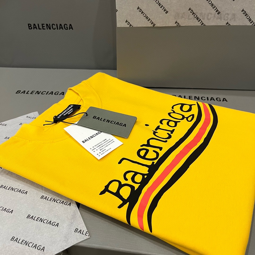 Balenciaga 巴黎世家 海浪前后可乐涂鸦手绘印花 黄色 短袖 T 恤 圆领 夏季 男女同款 