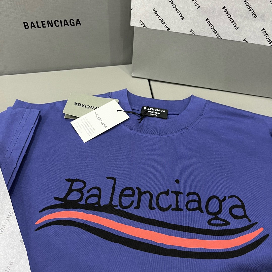 Balenciaga 巴黎世家 海浪前后可乐涂鸦手绘印花 蓝紫色 短袖 T 恤 圆领 夏季 男女同款 