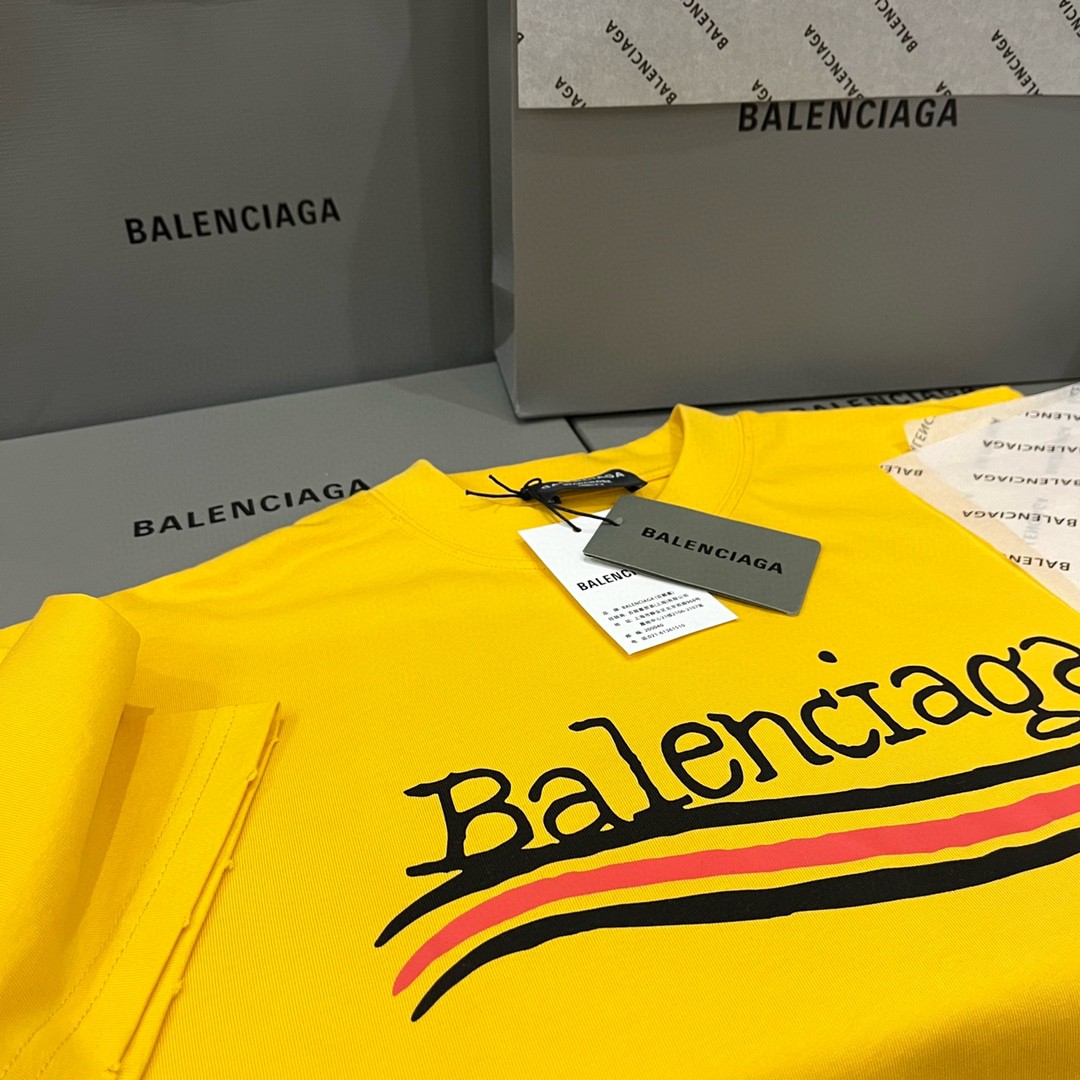 Balenciaga 巴黎世家 海浪前后可乐涂鸦手绘印花 黄色 短袖 T 恤 圆领 夏季 男女同款 
