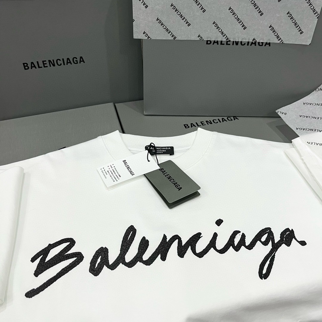 Balenciaga FW22 巴黎世家 手写体纯色字母 logo 印花 白色 短袖 T 恤 圆领 夏季 男女同款 612966TMVB49040