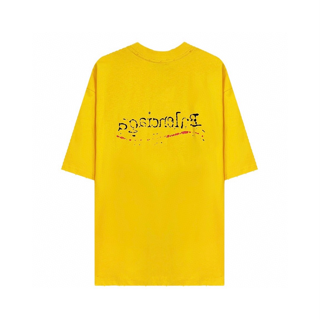 Balenciaga 巴黎世家 海浪前后可乐涂鸦手绘印花 黄色 短袖 T 恤 圆领 夏季 男女同款 