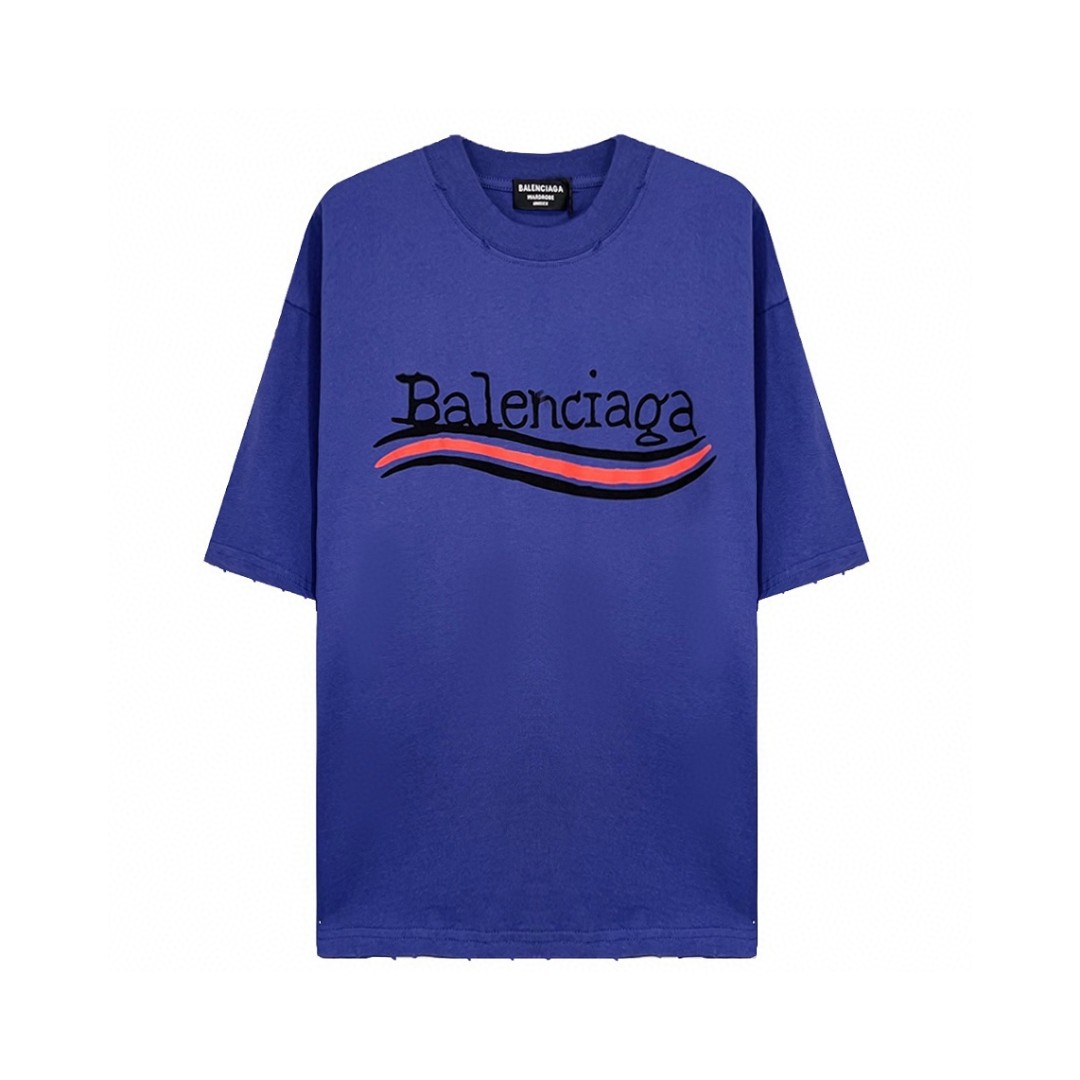 Balenciaga 巴黎世家 海浪前后可乐涂鸦手绘印花 蓝紫色 短袖 T 恤 圆领 夏季 男女同款 