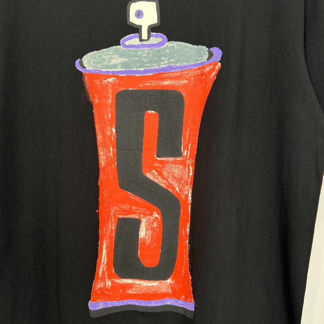 Stussy 手绘喷漆罐印花 黑色 短袖 圆领 套头 T 恤 夏季 男女同款 1904905