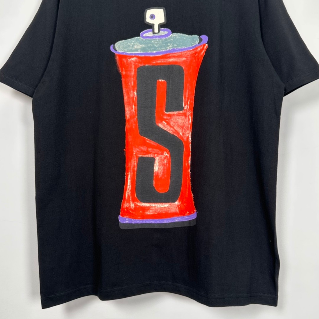 Stussy 手绘喷漆罐印花 黑色 短袖 圆领 套头 T 恤 夏季 男女同款 1904905