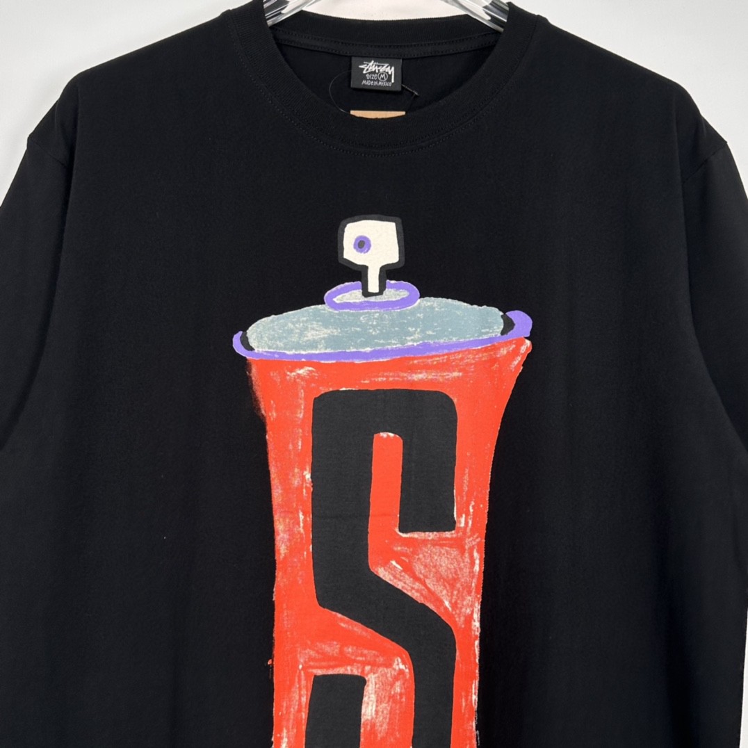 Stussy 手绘喷漆罐印花 黑色 短袖 圆领 套头 T 恤 夏季 男女同款 1904905