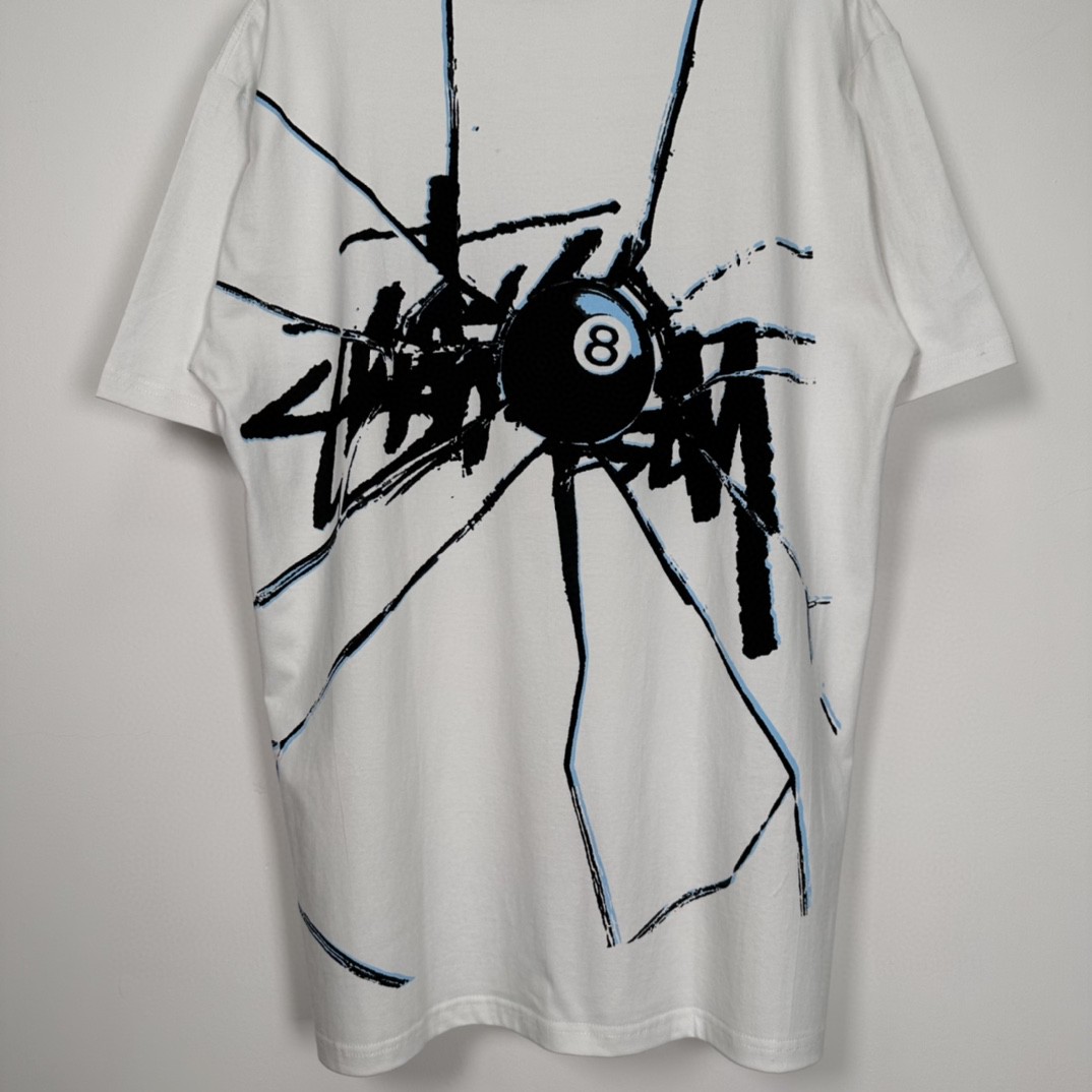 Stussy SS23 8号球系列 SHATTERED TEE 破碎黑8图案 字母Logo印花 白色 短袖 圆领 套头 T 恤 夏季 男女同款 1904959