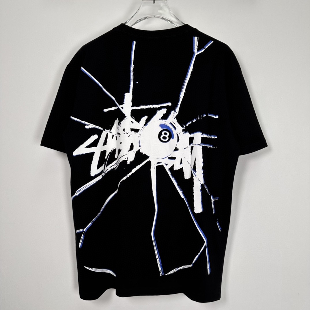 Stussy SS23 8号球系列 SHATTERED TEE 破碎黑8图案 字母Logo印花 黑色 短袖 圆领 套头 T 恤 夏季 男女同款 1904959