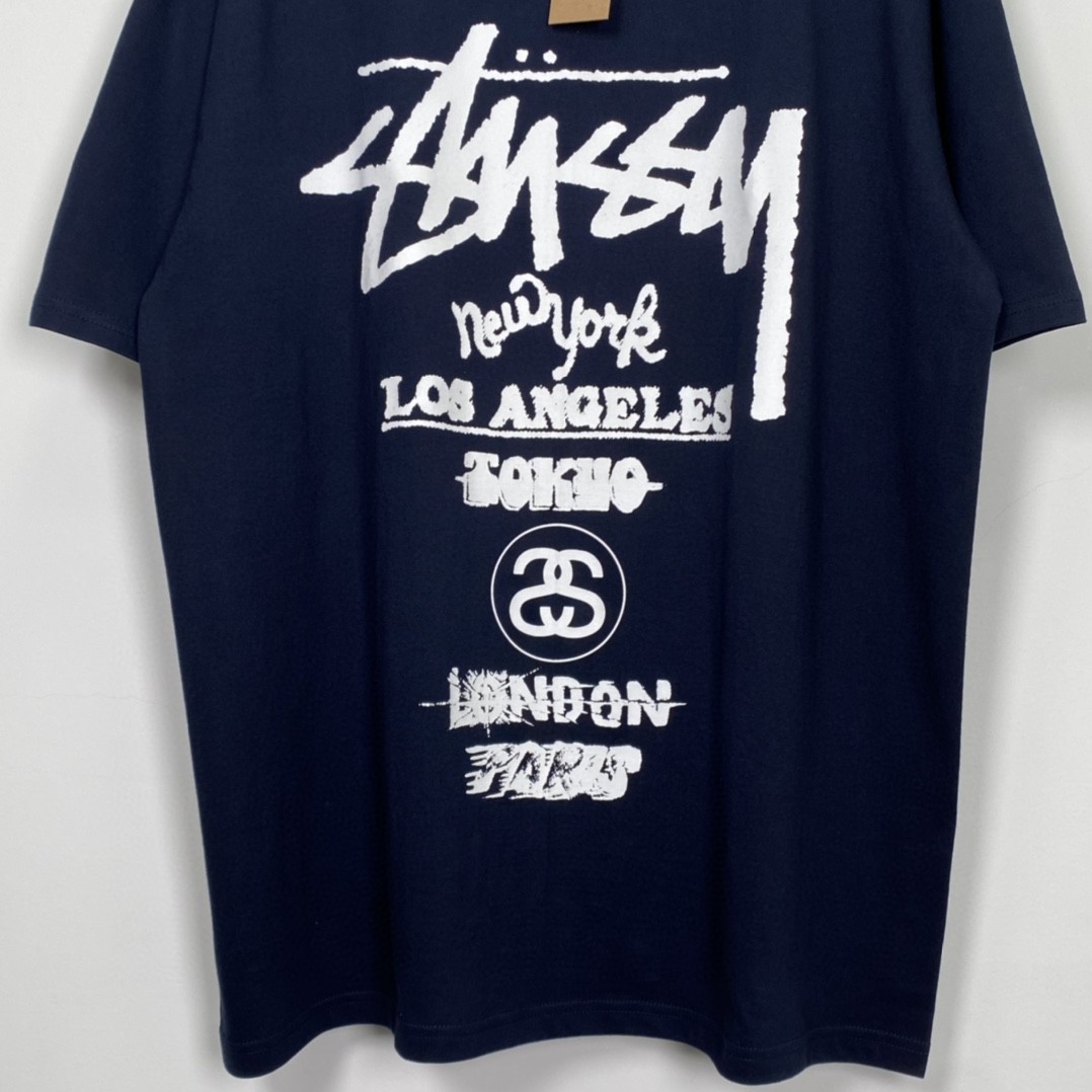 Stussy 世界巡游系列 SS23 字母印花 深蓝色 短袖 圆领 套头 T 恤 夏季 男女同款 1904877