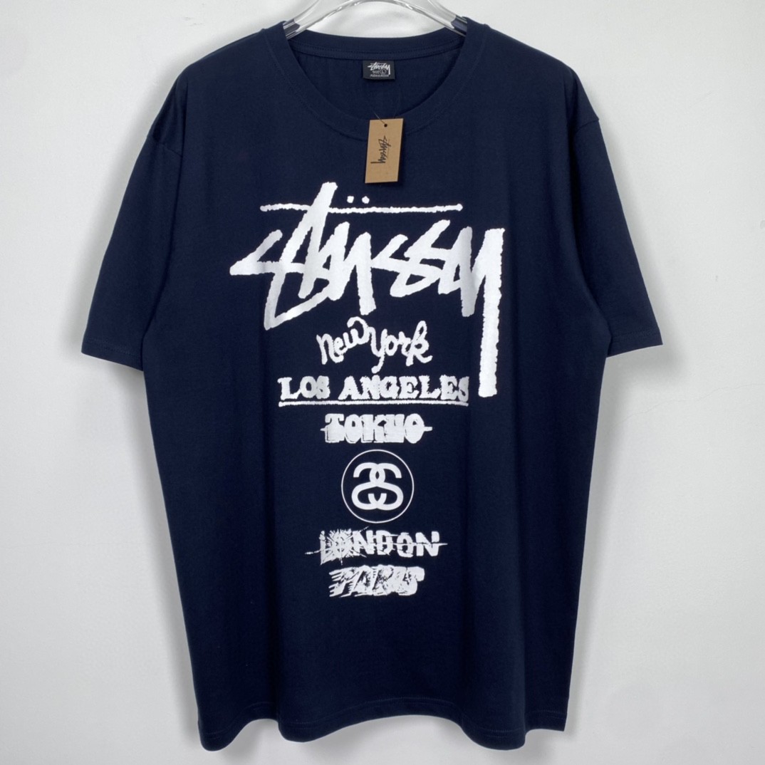 Stussy 世界巡游系列 SS23 字母印花 深蓝色 短袖 圆领 套头 T 恤 夏季 男女同款 1904877