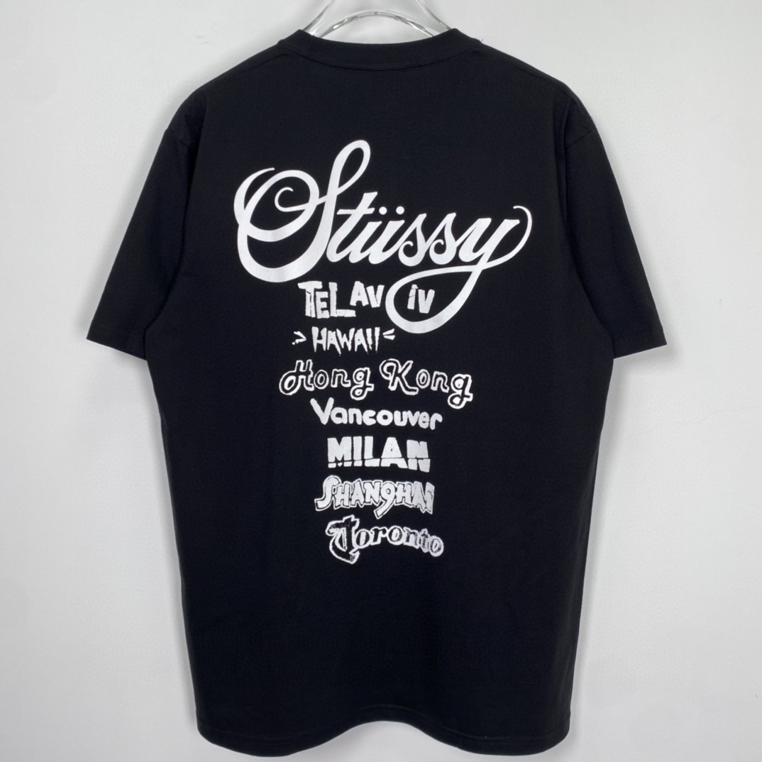 Stussy 世界巡游系列 SS23 字母印花 黑色 短袖 圆领 套头 T 恤 夏季 男女同款 1904877